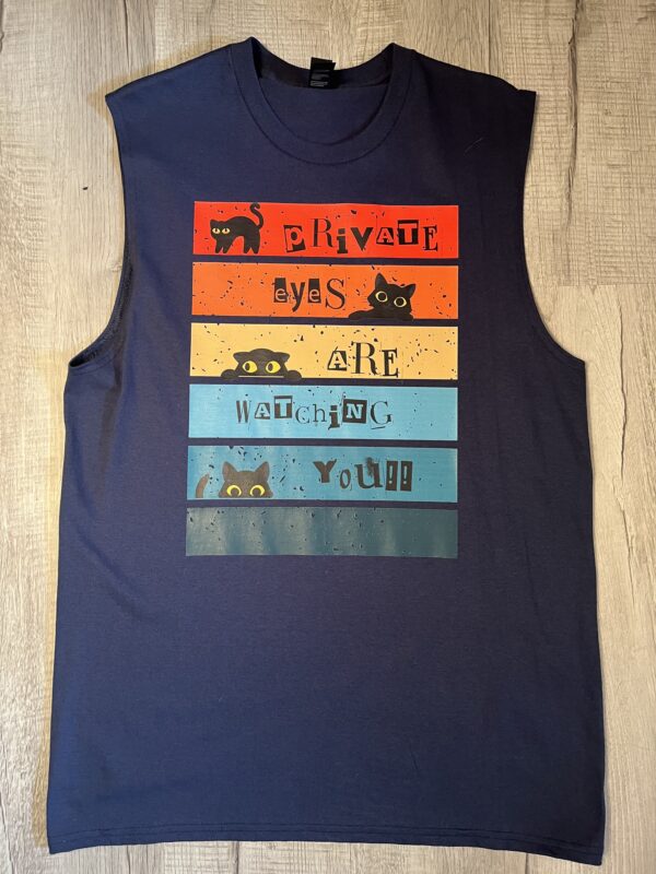 Retro sunset-style navy muscle tank with peeking black cats and the text 'Private Eyes Are Watching You!!' – Hand-pressed fundraiser merch for Bogey's Buddies animal rescue.